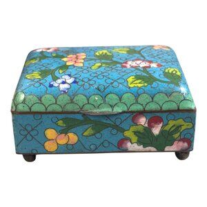 Vintage Cloisonné Floral Trinket Box Handcrafted Blue Enamel Jewelry Keepsake 3"